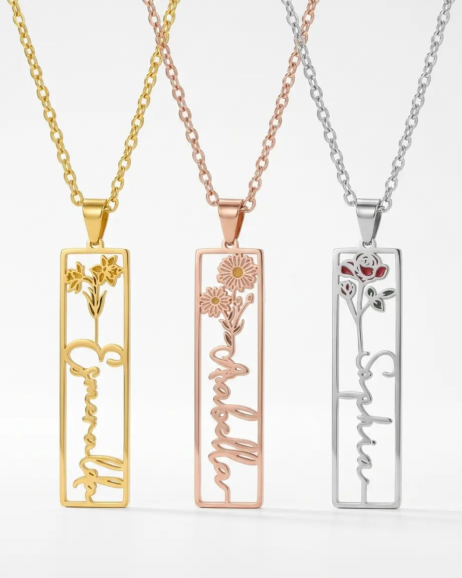 Personalize Your Name & Birth Flower Oblong Necklace-Tailor - Fashion Necklace by BLINGLANE