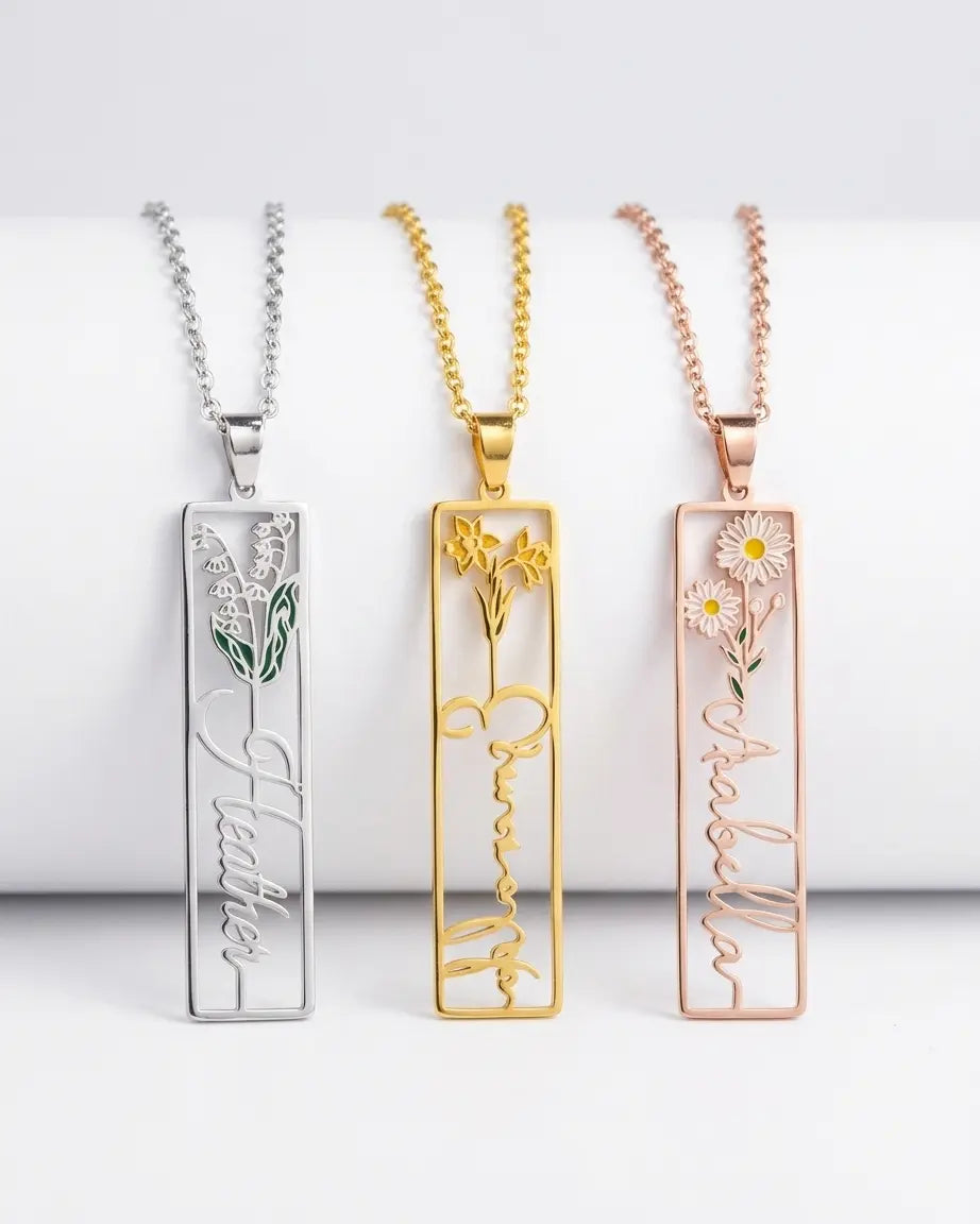 Personalize Your Name & Birth Flower Oblong Necklace-Tailor - Fashion Necklace by BLINGLANE