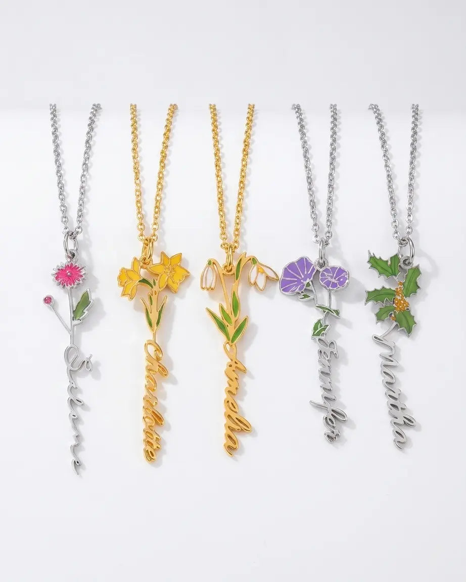 Personalize Your Name & Enamel Birth Flower Necklace-Tailor - Fashion Necklace by BLINGLANE