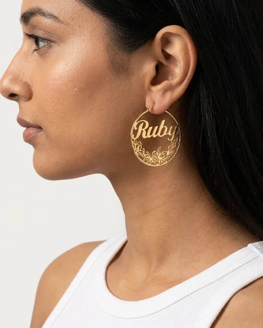Personalize Your Name &amp; Birth Flower Hoop Earrings - Tailor -  Fashion Earrings by BLINGLANE