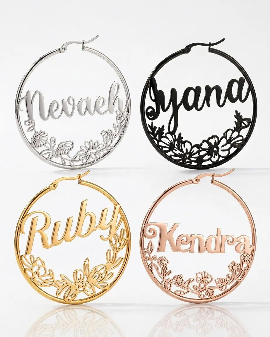 Personalize Your Name &amp; Birth Flower Hoop Earrings - Tailor -  Fashion Earrings by BLINGLANE