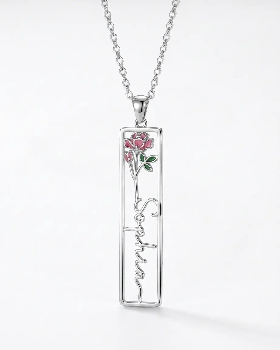 Personalize Your Name & Birth Flower Oblong Necklace-Tailor - Fashion Necklace by BLINGLANE