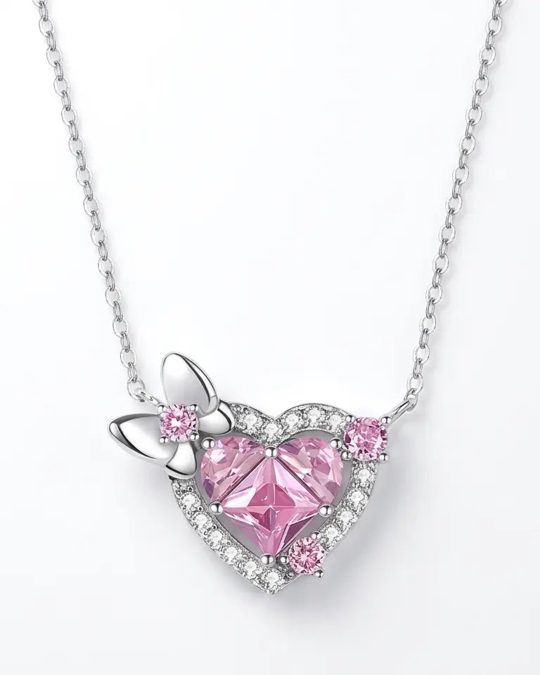 Pretty In Pink Heart Necklace - Silver Necklace by BLINGLANE