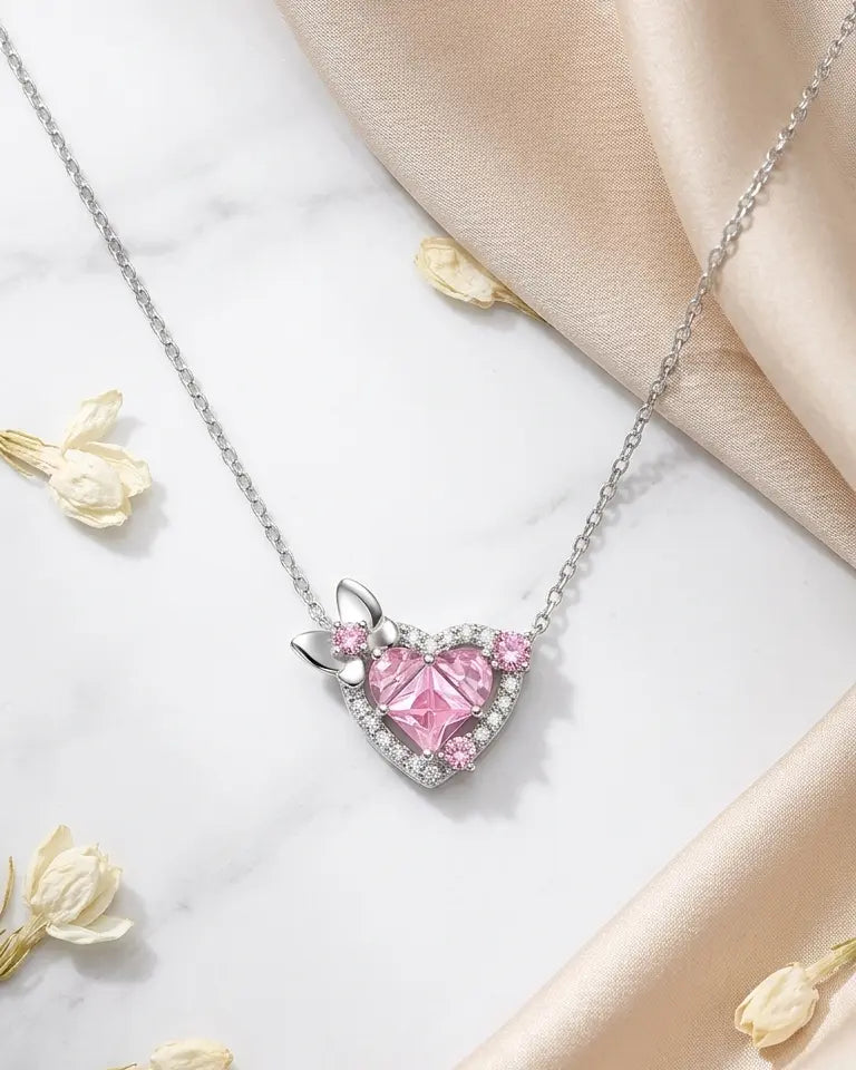 Pretty In Pink Heart Necklace -  Silver Necklace by BLINGLANE