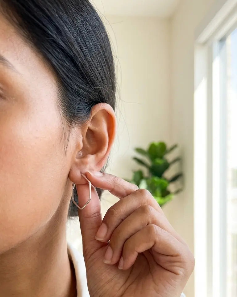 Schematic Hexagon Hoops -  Silver Earrings by BLINGLANE