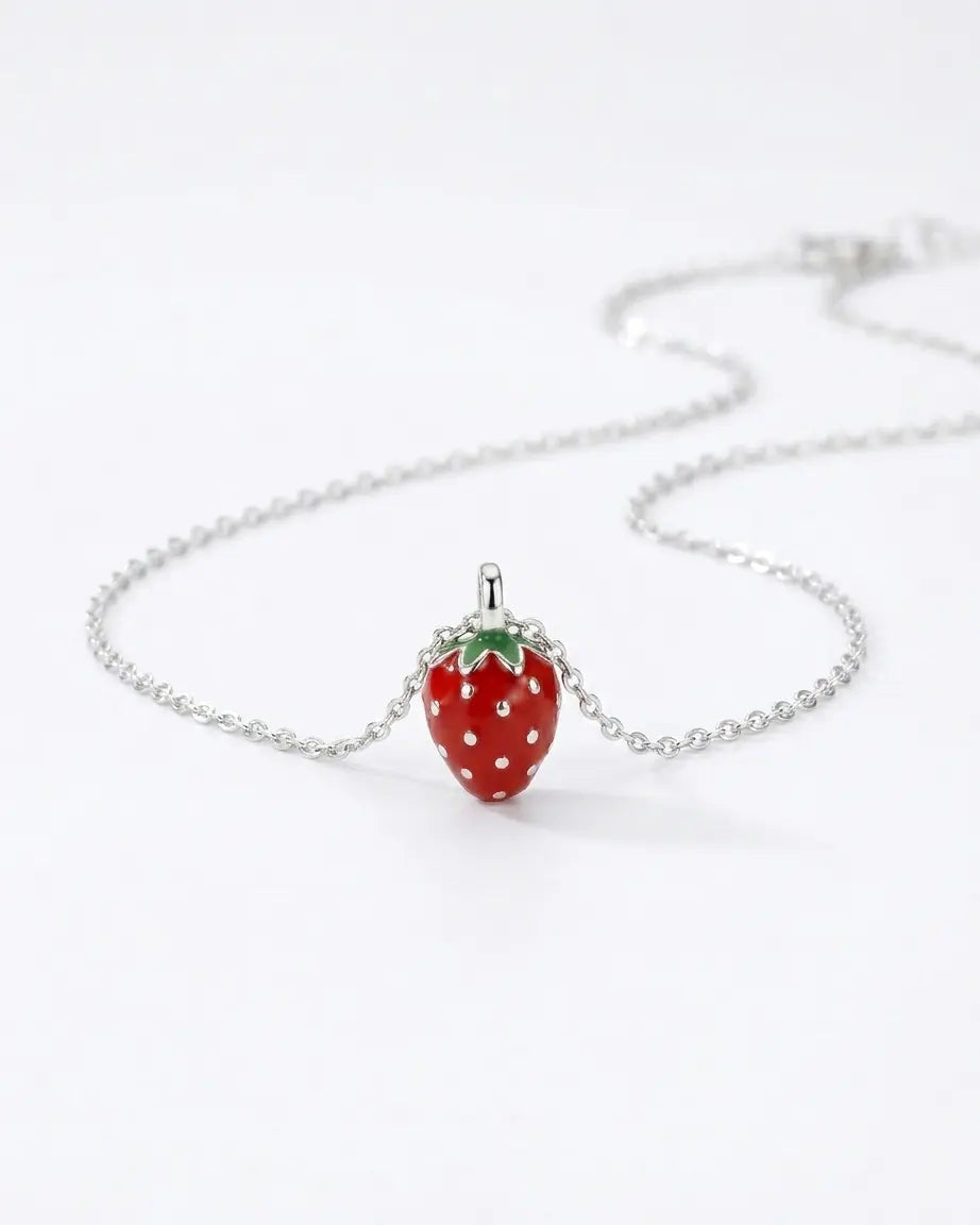 Yummy Strawberry Minimal Necklace - Silver Necklace by BLINGLANE